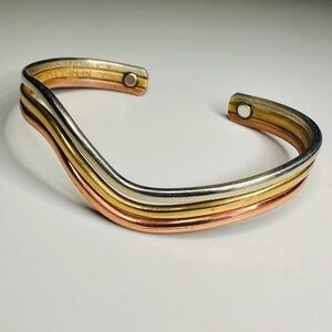 Sergio Lub Tri Color Wave Cuff Bracelet  - Magnetic Copper, Brass, German Silver
